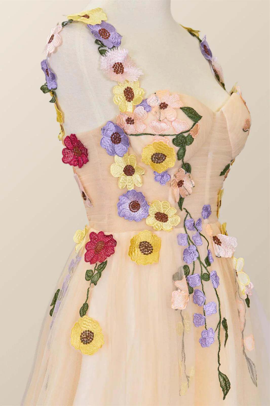 3D Floral Champagne Tulle Short Dress - Image 3