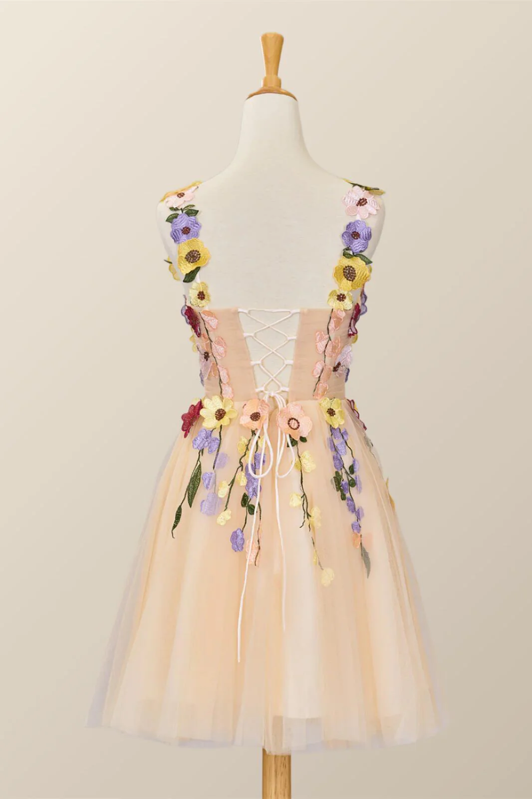 3D Floral Champagne Tulle Short Dress - Image 4