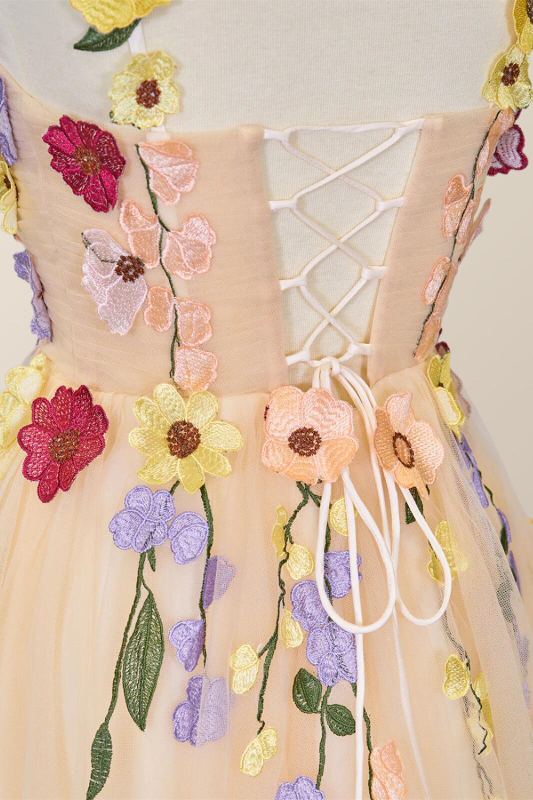 3D Floral Champagne Tulle Short Dress - Image 5
