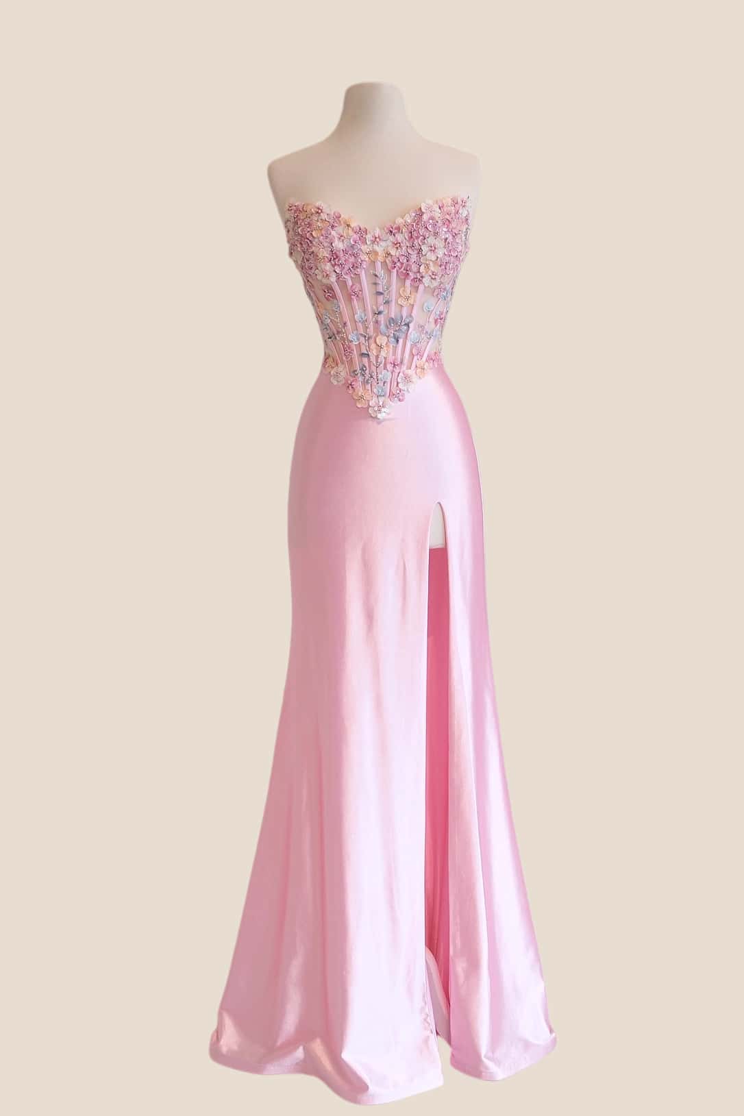 3D Flowers Blue Satin Mermaid Prom Dress - Image 3