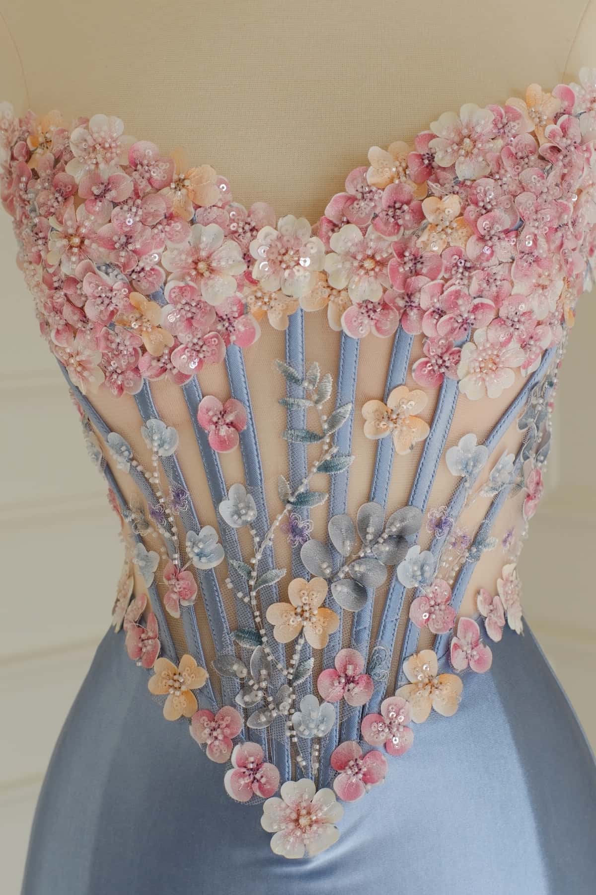 3D Flowers Blue Satin Mermaid Prom Dress - Image 2