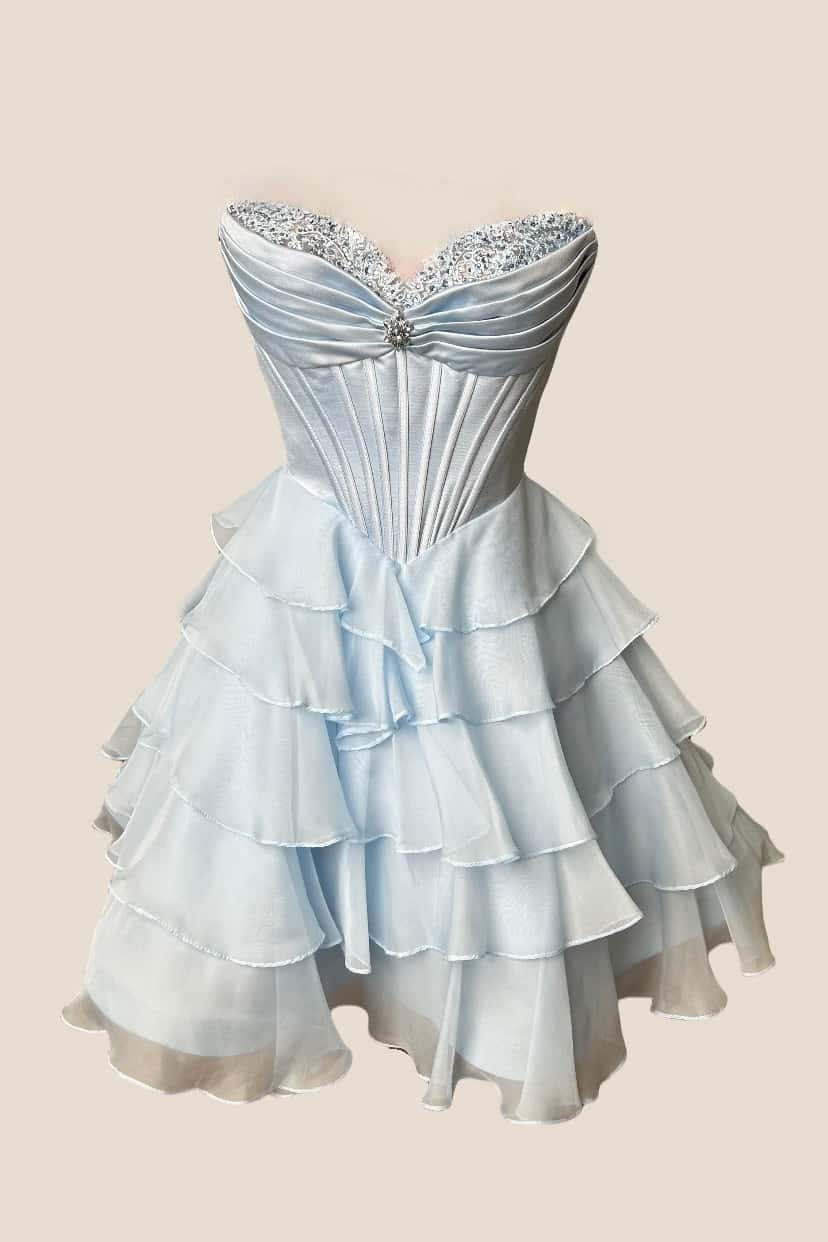 Appliques Neck Pink Corset Tiered Short Dress - Image 7