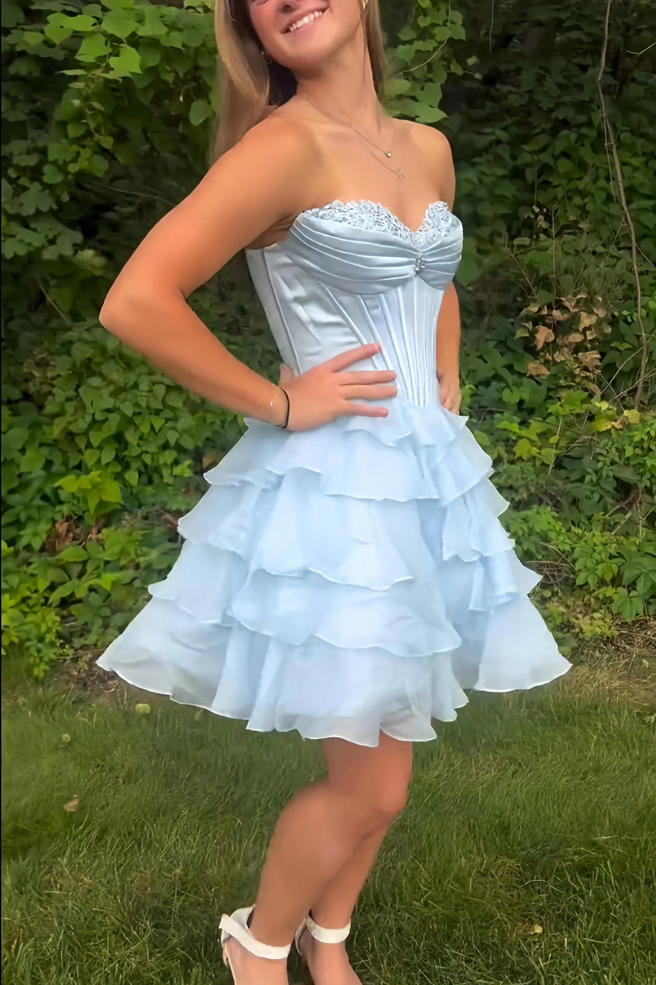 Appliques Neck Pink Corset Tiered Short Dress - Image 3
