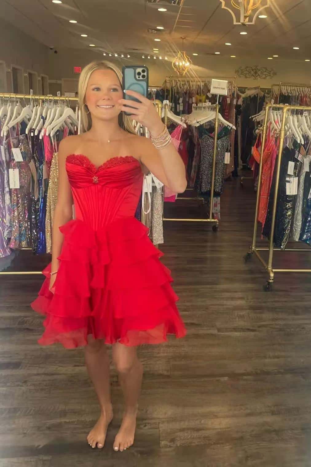 Appliques Neck Pink Corset Tiered Short Dress - Image 5