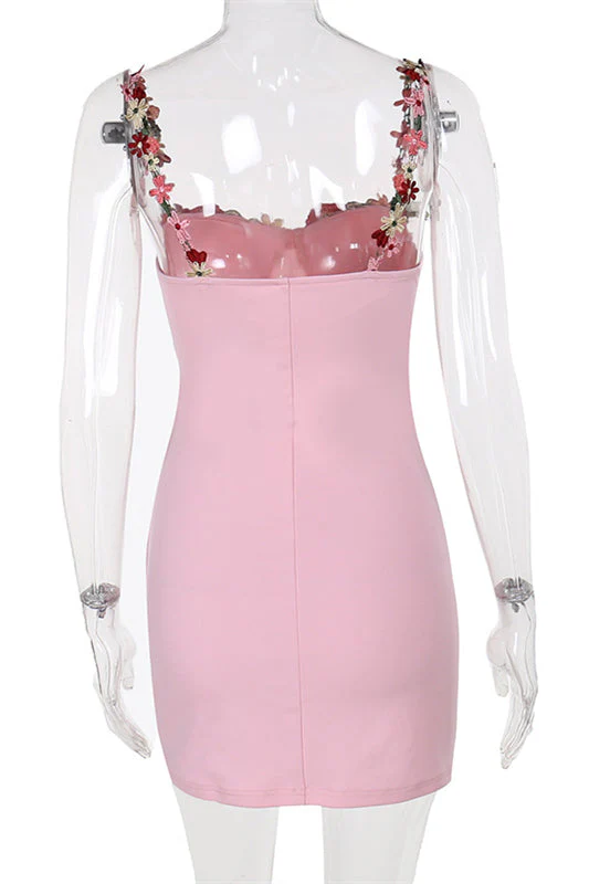 Appliques Neck Pink Lace-up Front Short Dress - Image 2
