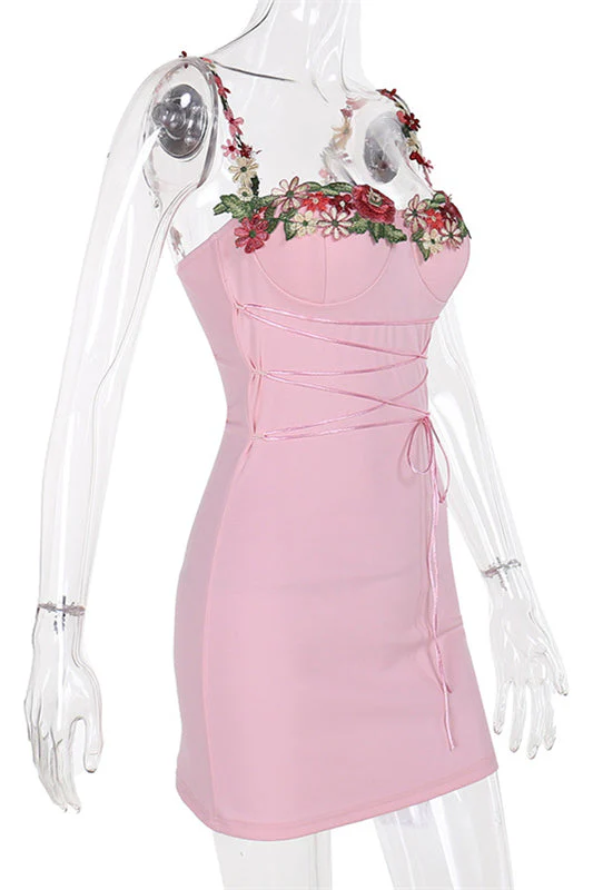 Appliques Neck Pink Lace-up Front Short Dress - Image 3