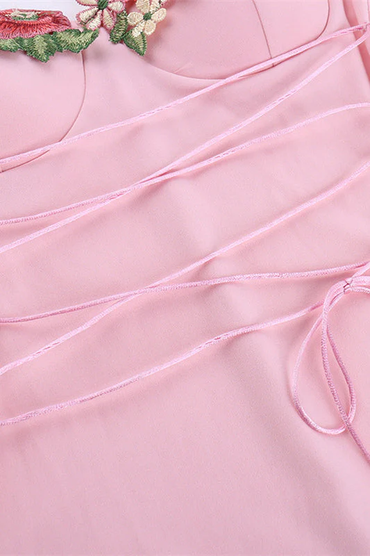 Appliques Neck Pink Lace-up Front Short Dress - Image 7