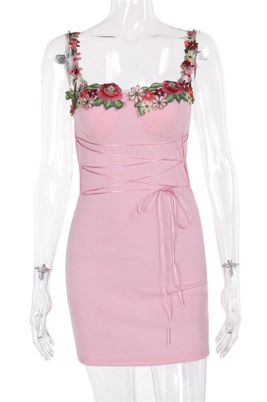 Appliques Neck Pink Lace-up Front Short Dress - Image 9