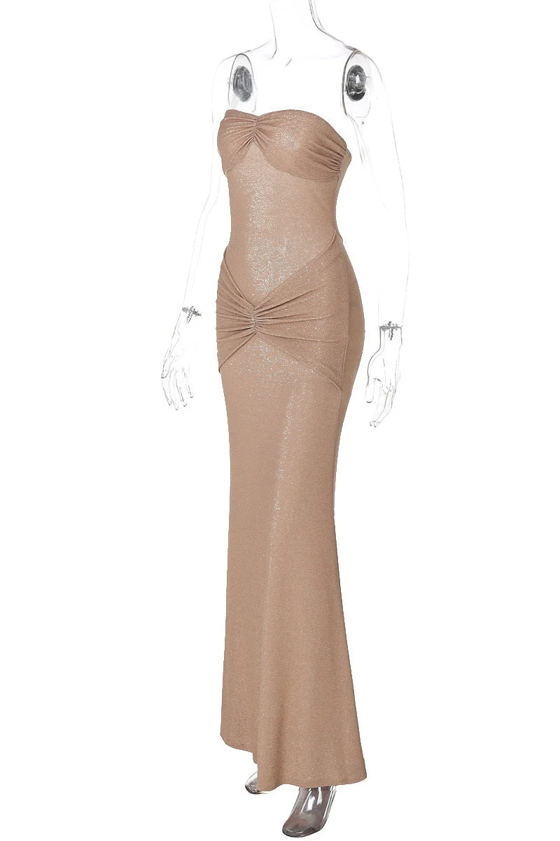Apricot Strapless Ruched Fitted Long Dress - Image 5