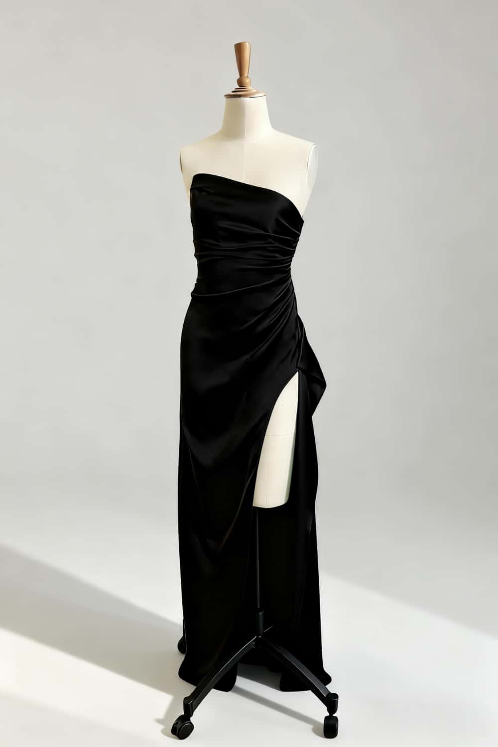 Asymmetric Strapless Light Blue Satin Slit Dress - Image 10