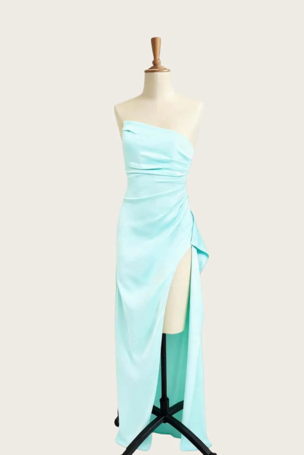 Asymmetric Strapless Light Blue Satin Slit Dress - Image 3