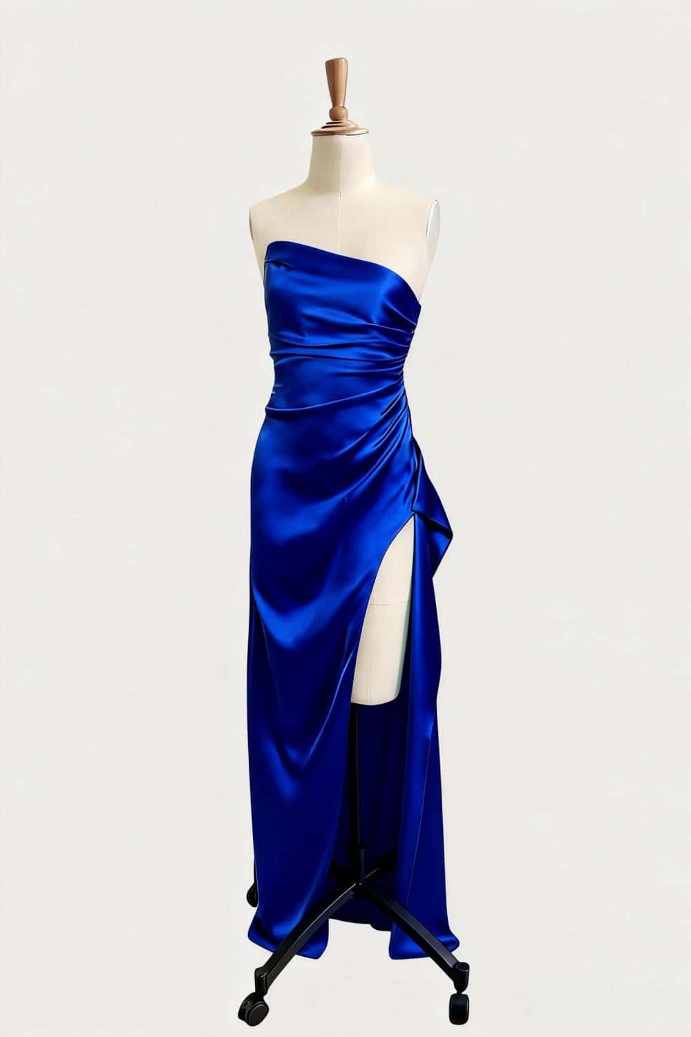 Asymmetric Strapless Light Blue Satin Slit Dress - Image 5