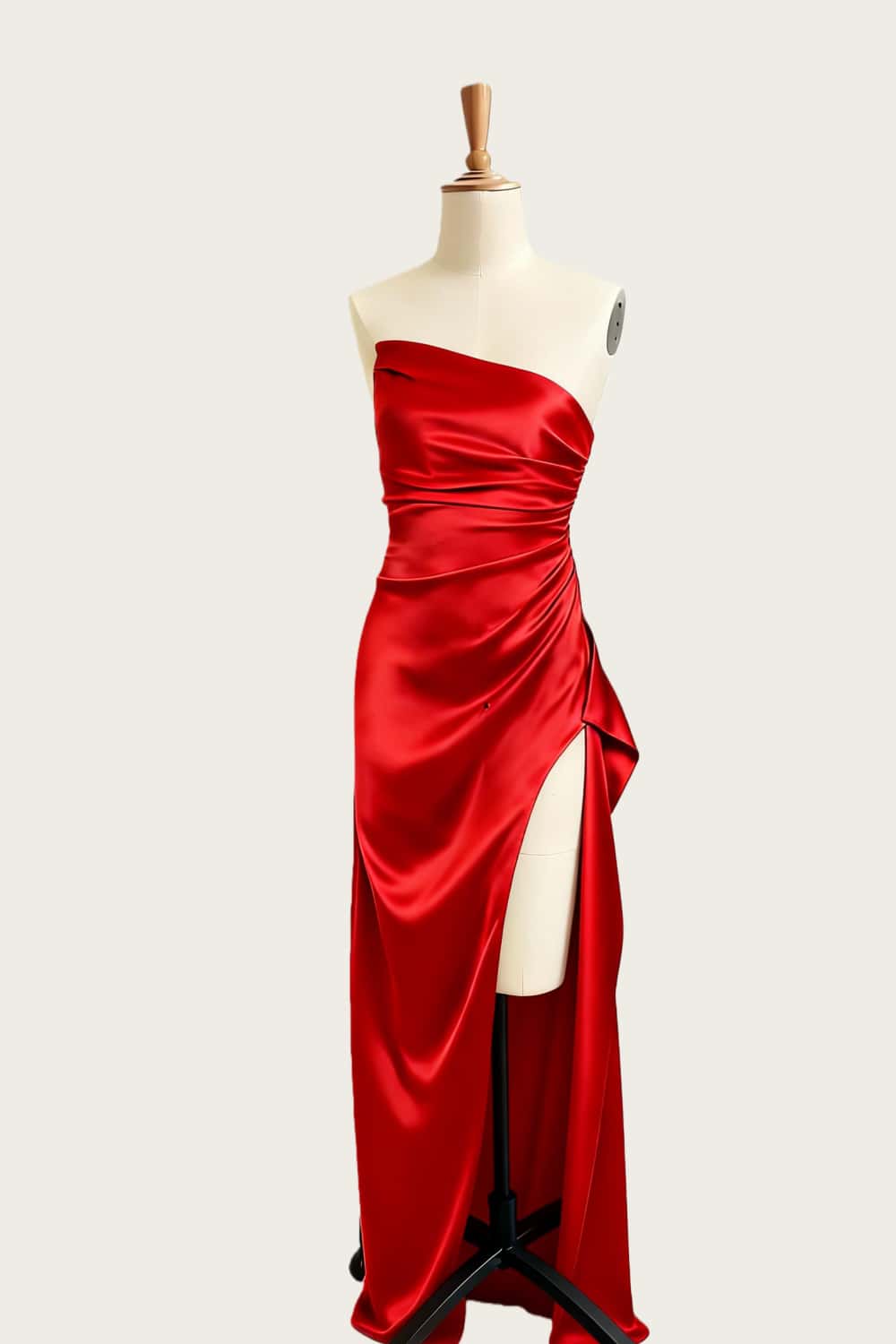 Asymmetric Strapless Light Blue Satin Slit Dress - Image 6
