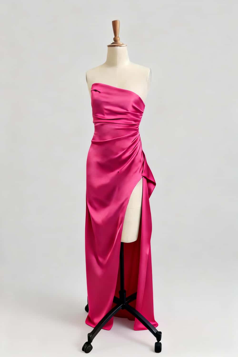 Asymmetric Strapless Light Blue Satin Slit Dress - Image 7