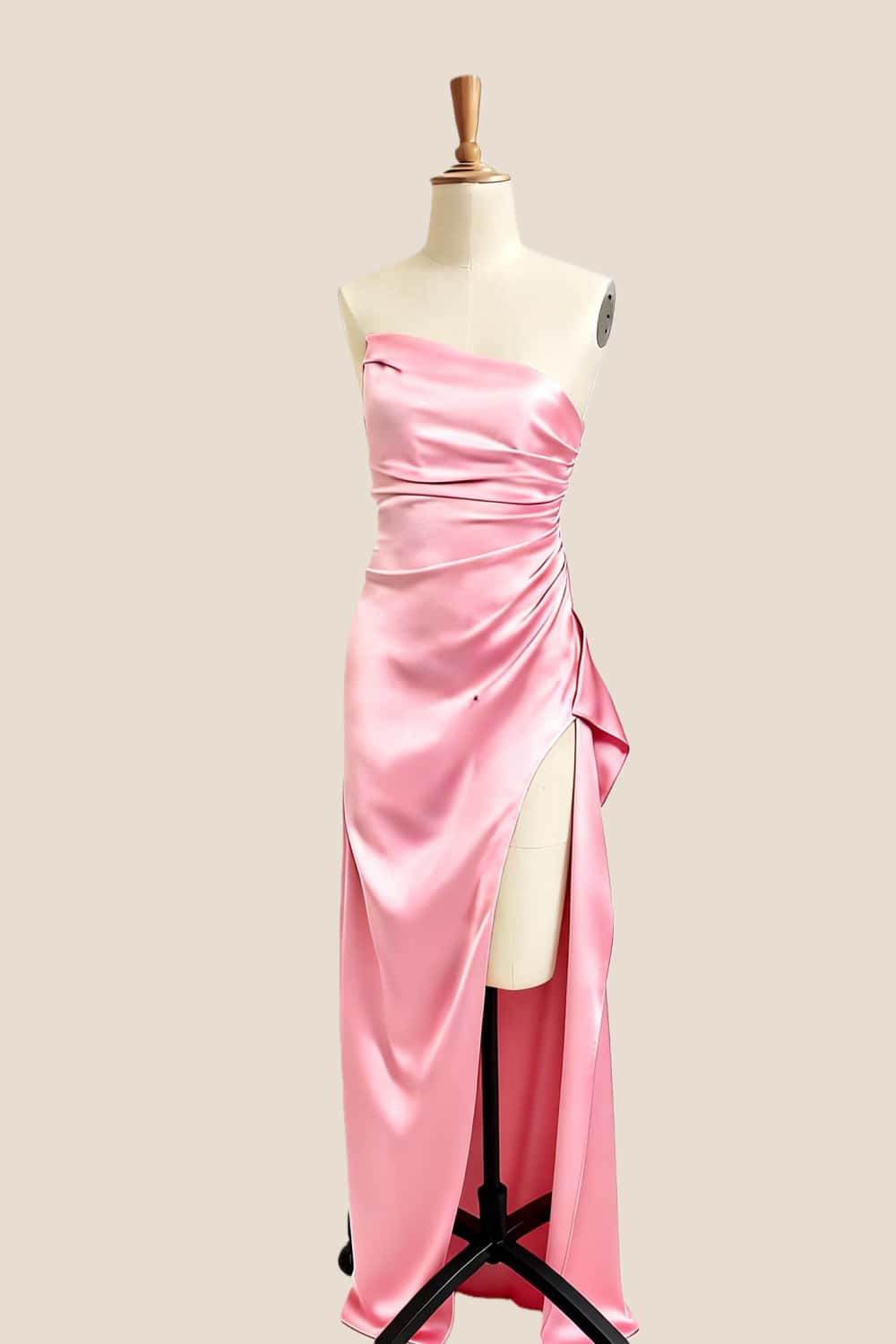 Asymmetric Strapless Light Blue Satin Slit Dress - Image 8