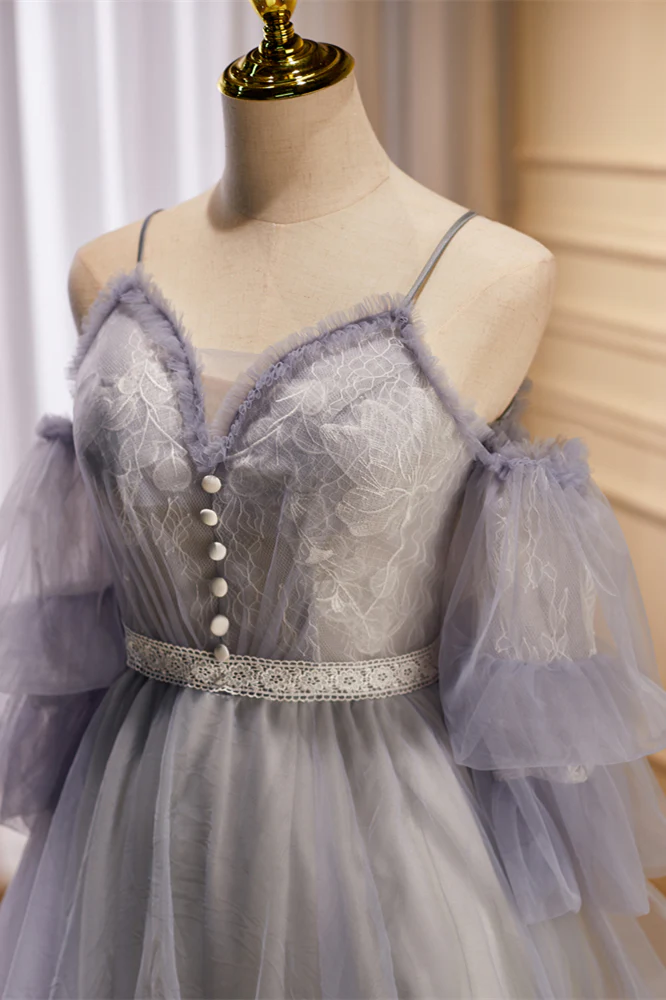 Balloon Sleeves Grey Short A-line Party Dress - Image 2