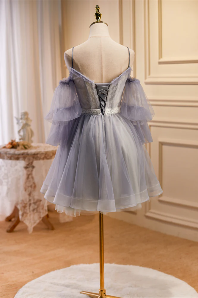 Balloon Sleeves Grey Short A-line Party Dress - Image 4