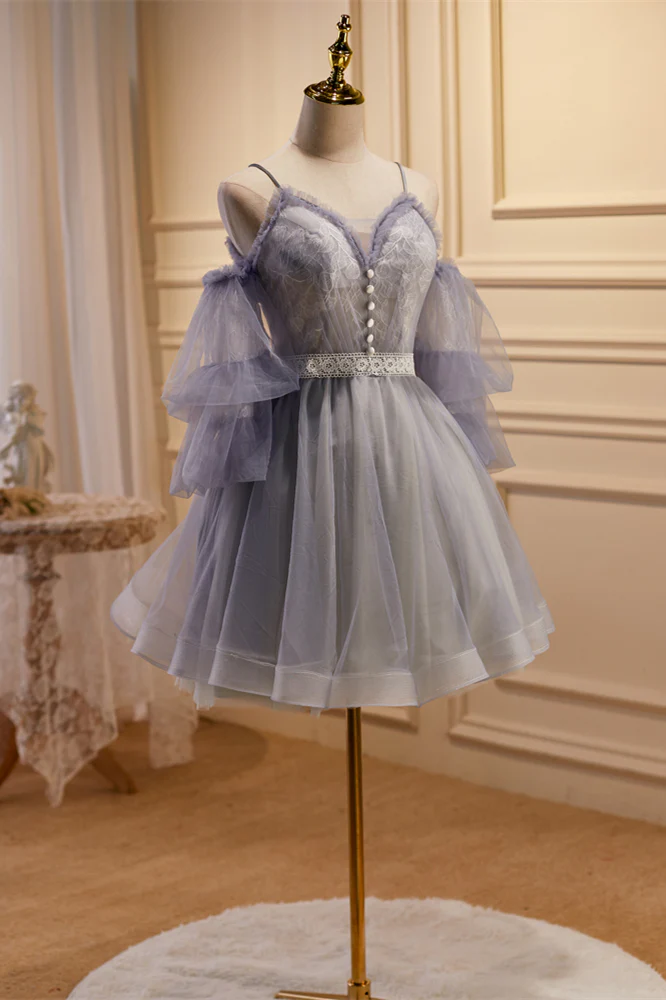 Balloon Sleeves Grey Short A-line Party Dress - Image 5
