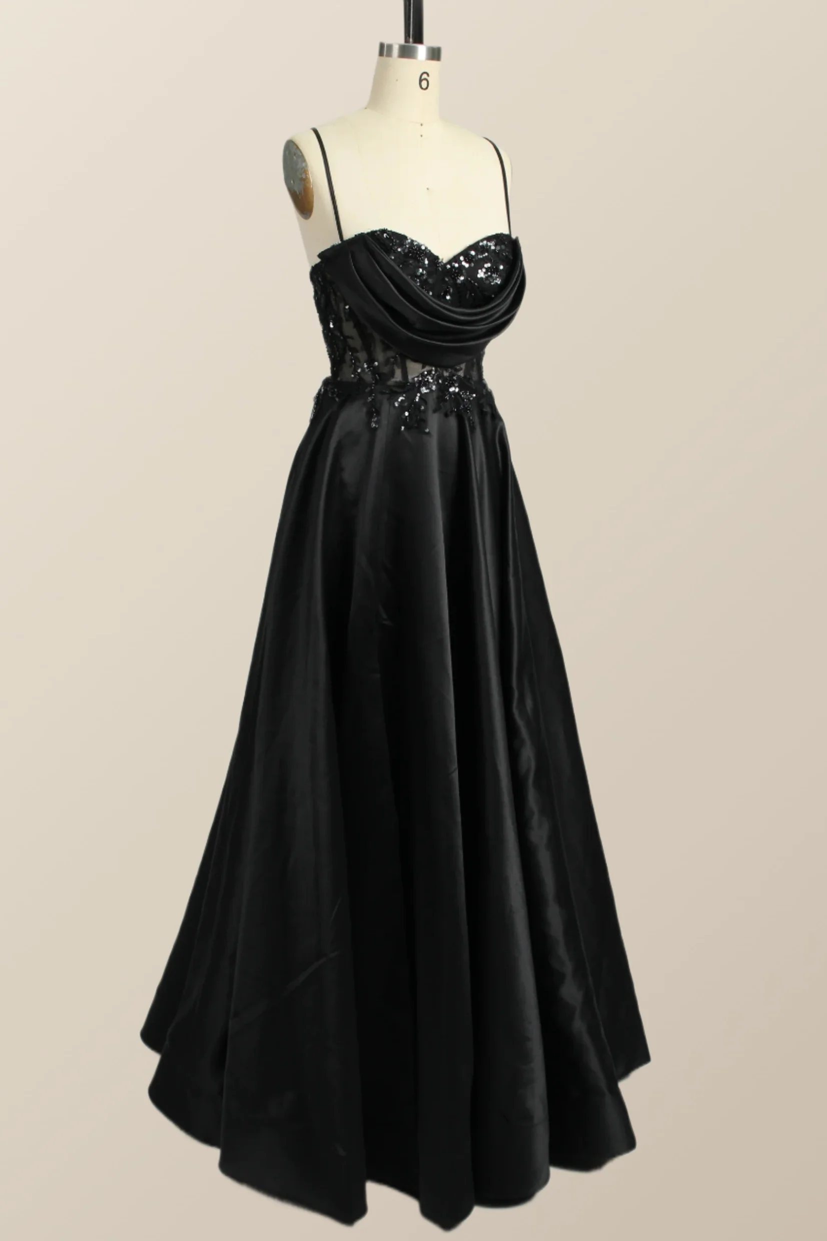 Beaded Black Satin A-line Prom Dress - Image 3