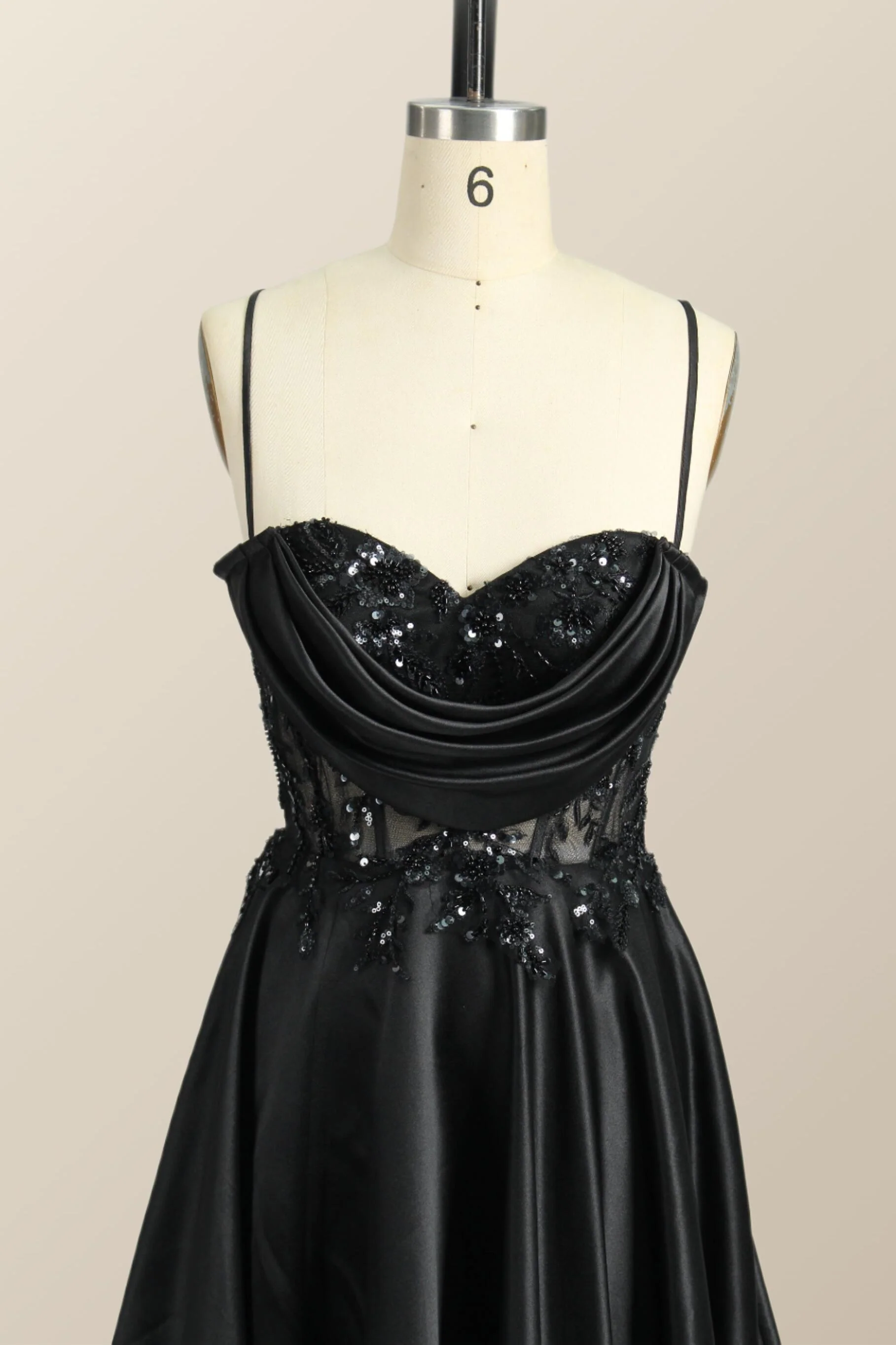 Beaded Black Satin A-line Prom Dress - Image 4