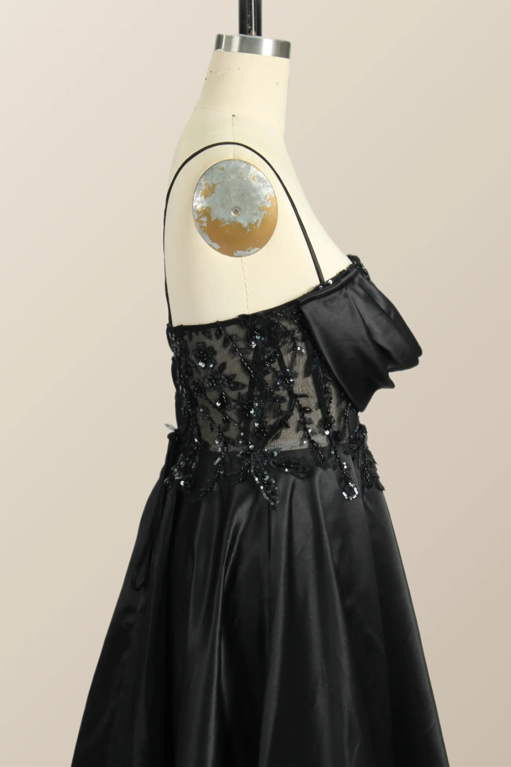Beaded Black Satin A-line Prom Dress - Image 5