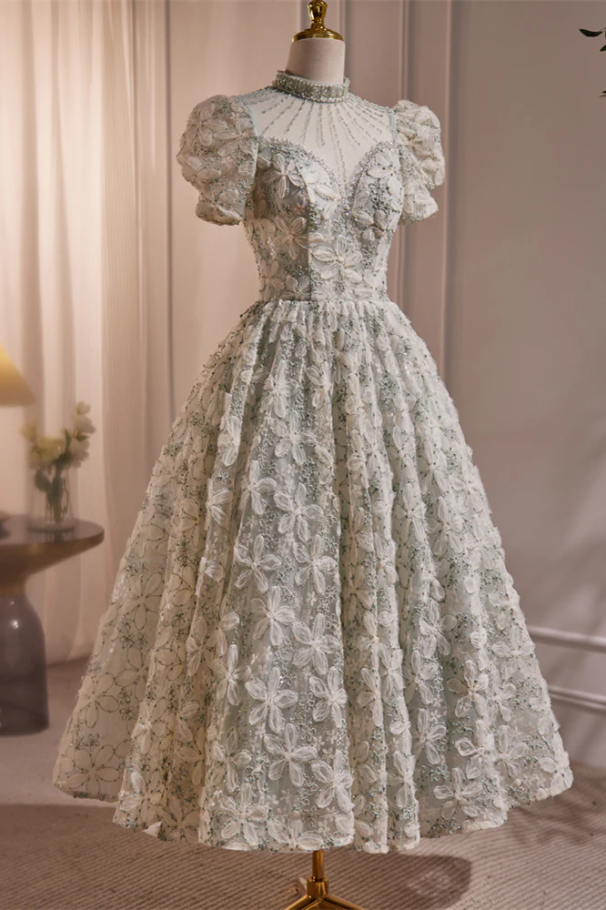Beaded High Neck 3D Lace Light Green Party Dress - Image 3