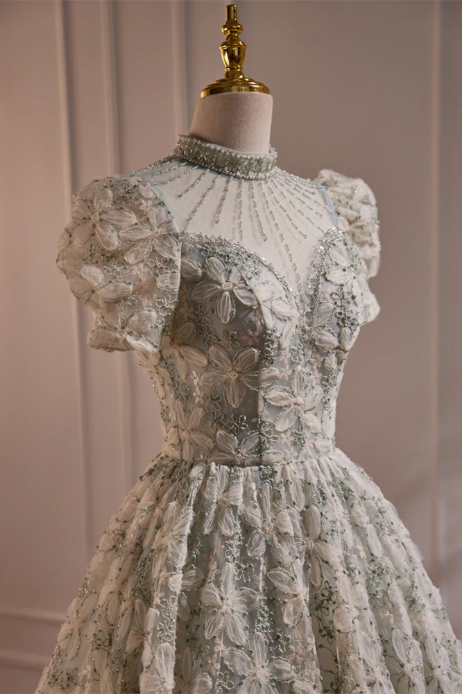Beaded High Neck 3D Lace Light Green Party Dress - Image 4