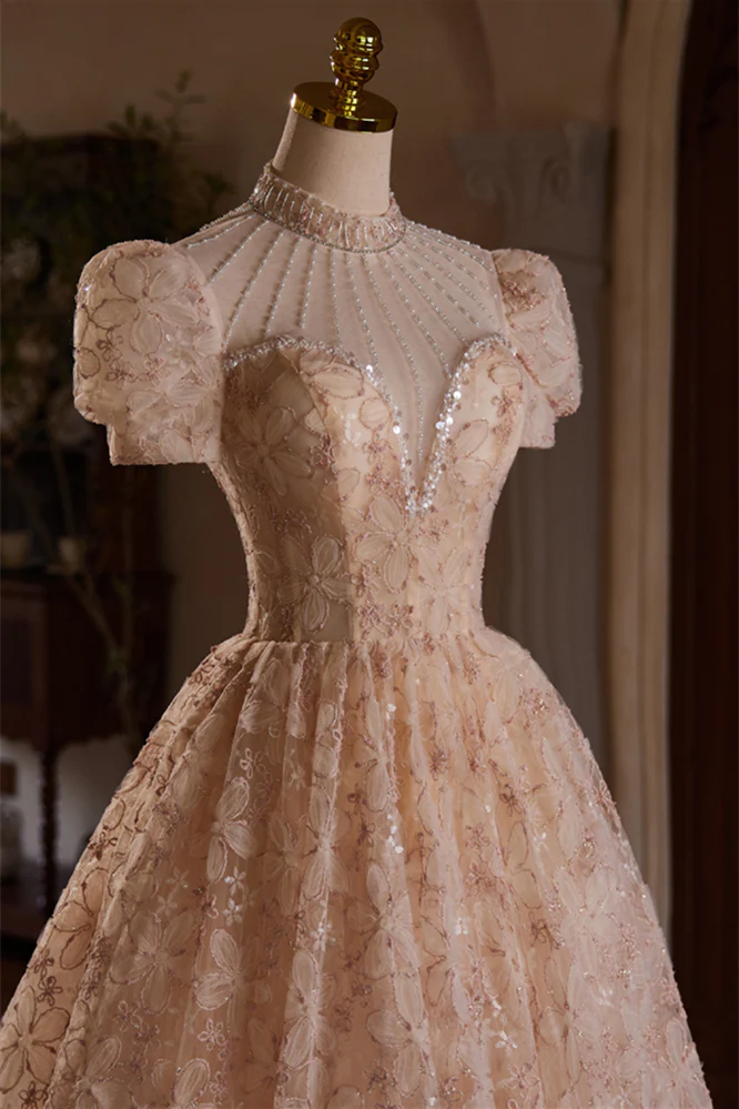 Beaded High Neck Champagne Floral Tea Length Dress - Image 3