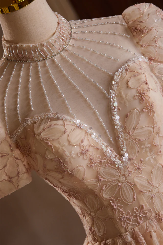 Beaded High Neck Champagne Floral Tea Length Dress - Image 4