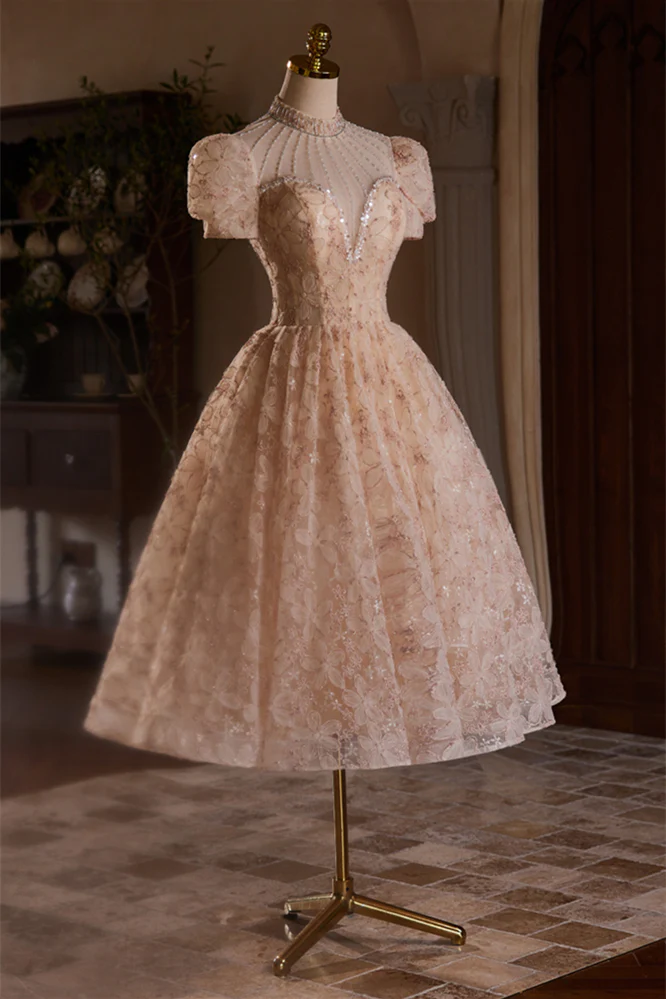 Beaded High Neck Champagne Floral Tea Length Dress - Image 5