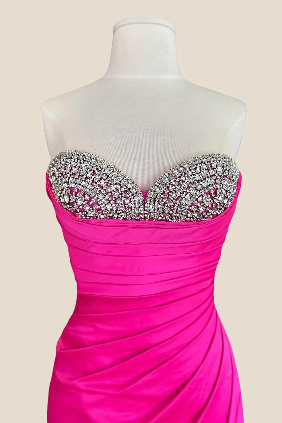 Beaded Hot Pink Satin Ruched Fitted Long Dress - Image 3