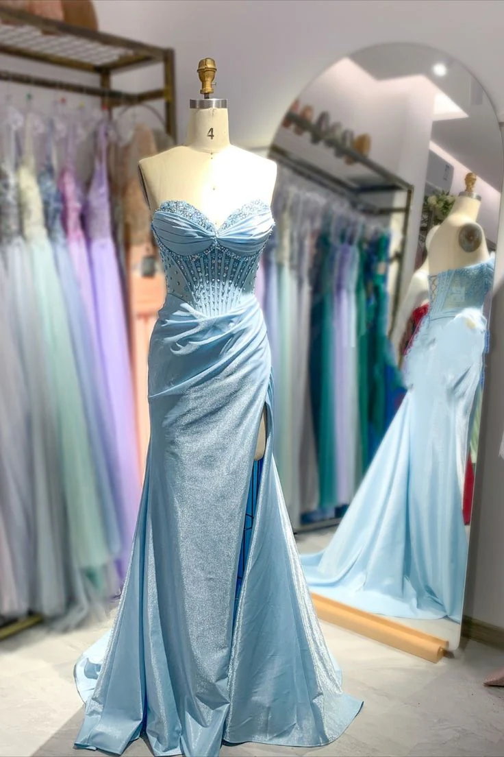 Beaded Light Blue Corset Mermaid Long Formal Dress - Image 5