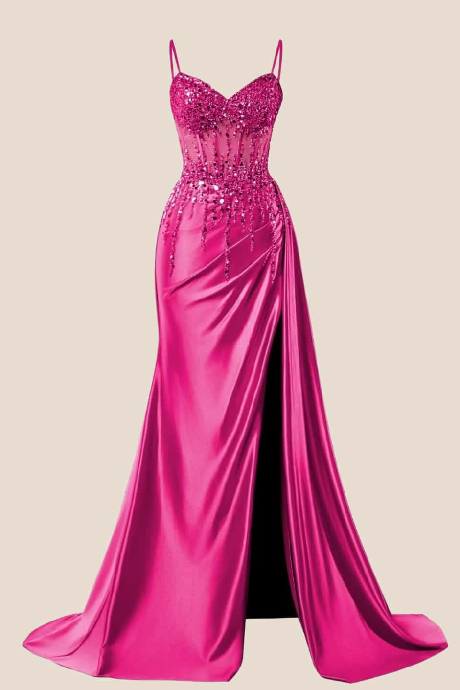 Beaded Navy Blue Satin Ruched Long Prom Dress - Image 2