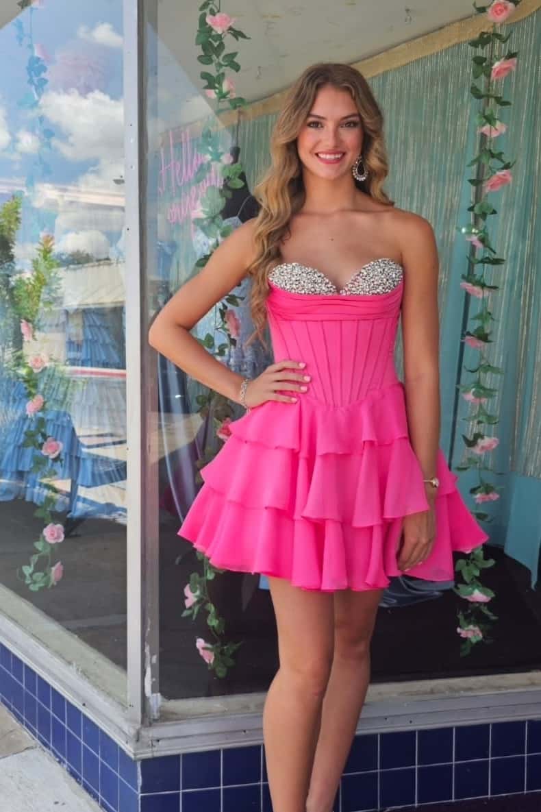 Beaded Neck Red Tiered A-line Short Dress - Image 6