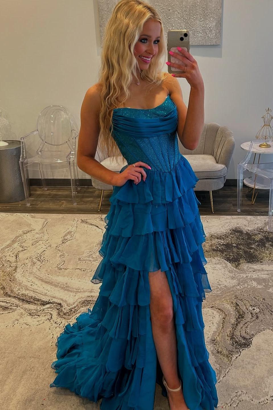 Beaded Yellow Chiffon A-line Tiered Ruffle Gown - Image 11