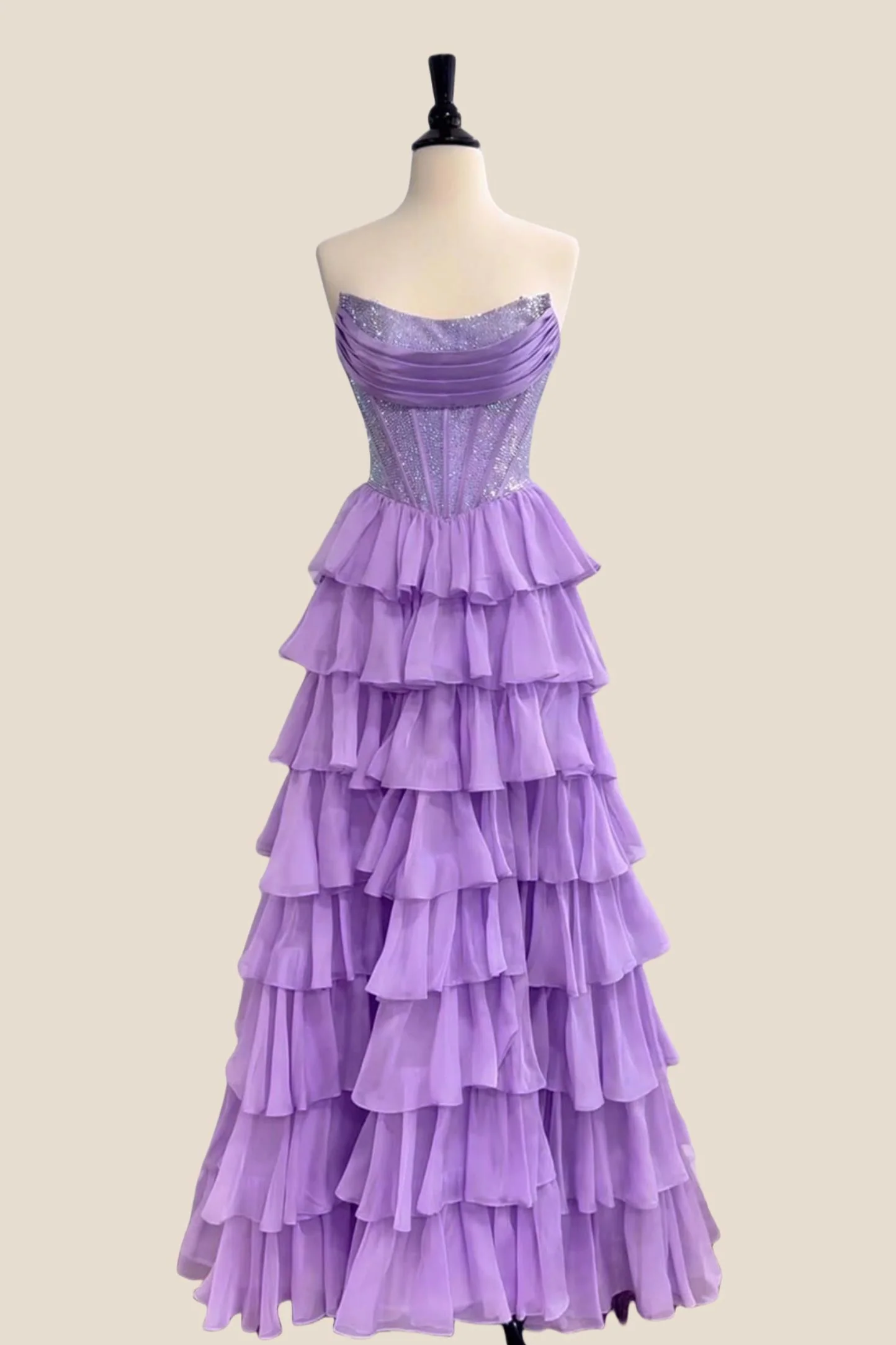 Beaded Yellow Chiffon A-line Tiered Ruffle Gown - Image 3