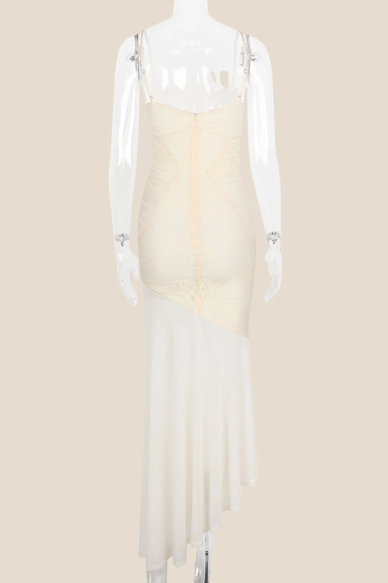 Cream Lace Chiffon Patchwork Irregular Long Dress - Image 2