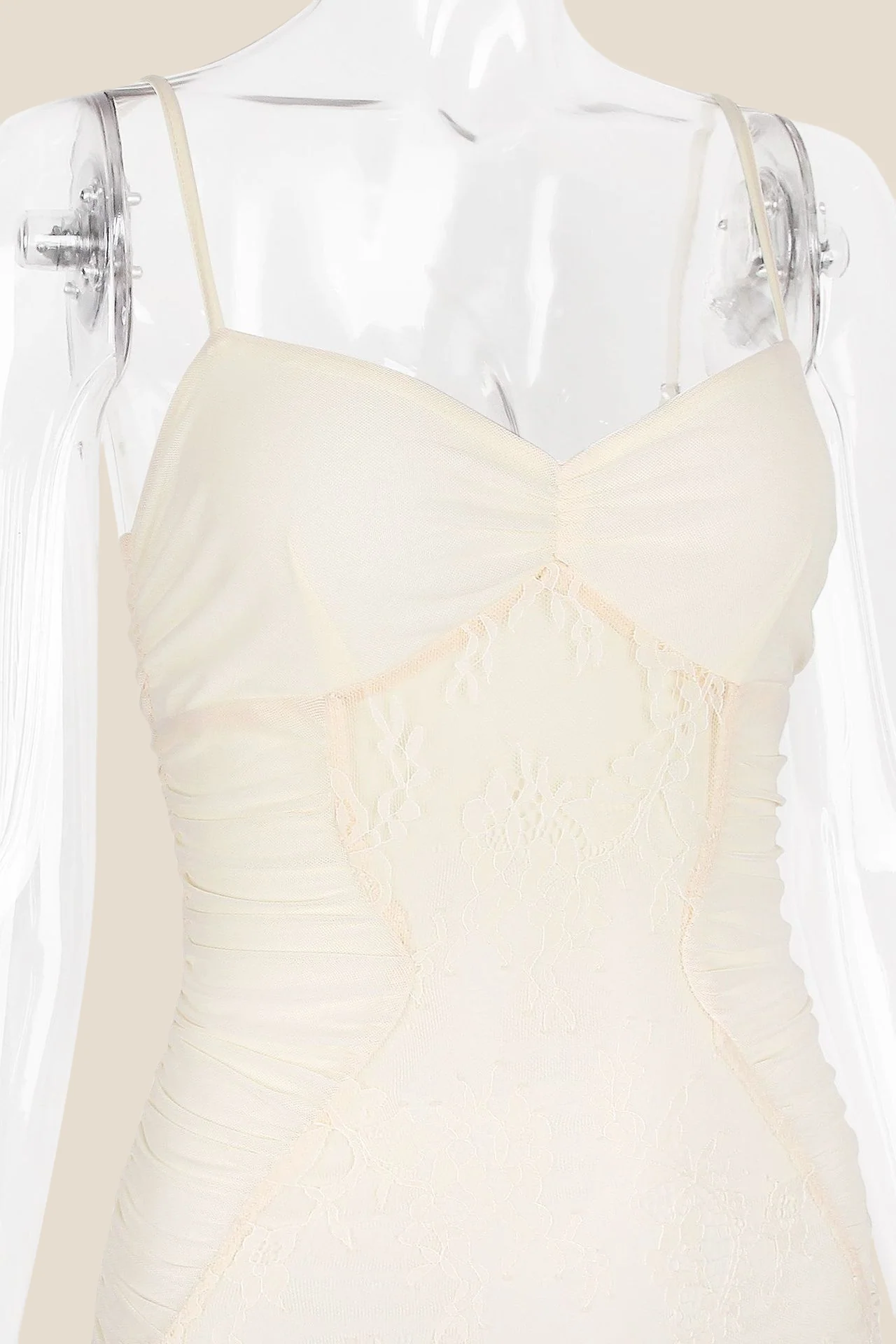 Cream Lace Chiffon Patchwork Irregular Long Dress - Image 3
