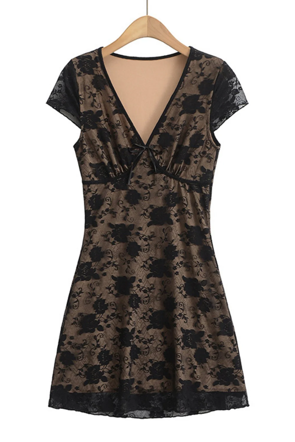 Beige Lace Flower Print Illusion Short Skirt - Image 2