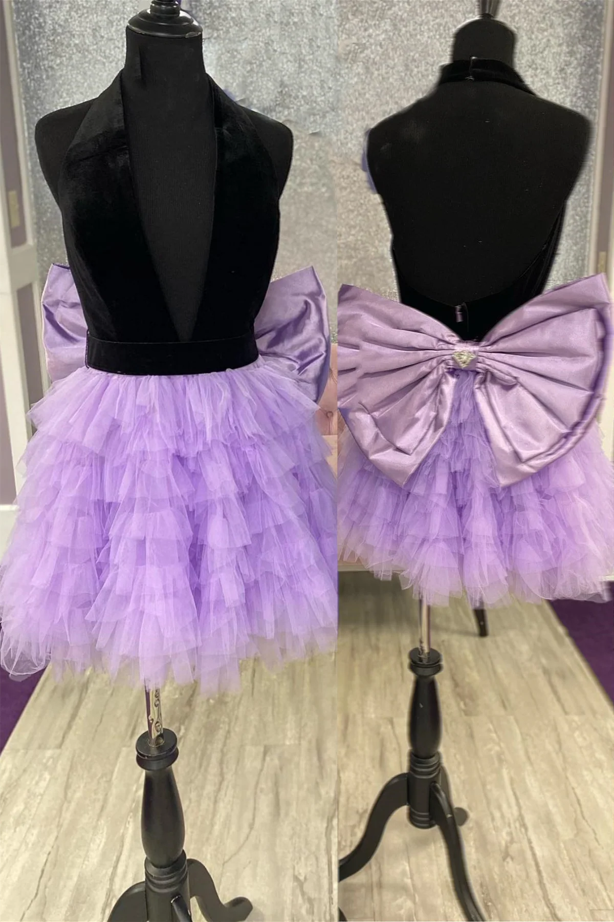Black and Pink Halter Ruffles Short Dress with Bow - Image 3