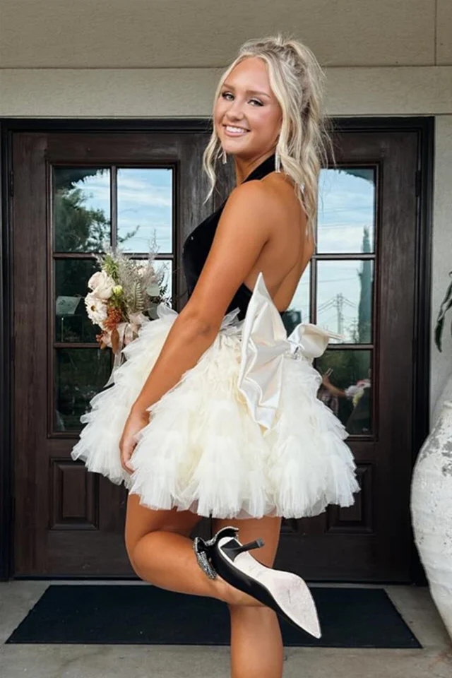 Black and Pink Halter Ruffles Short Dress with Bow - Image 7