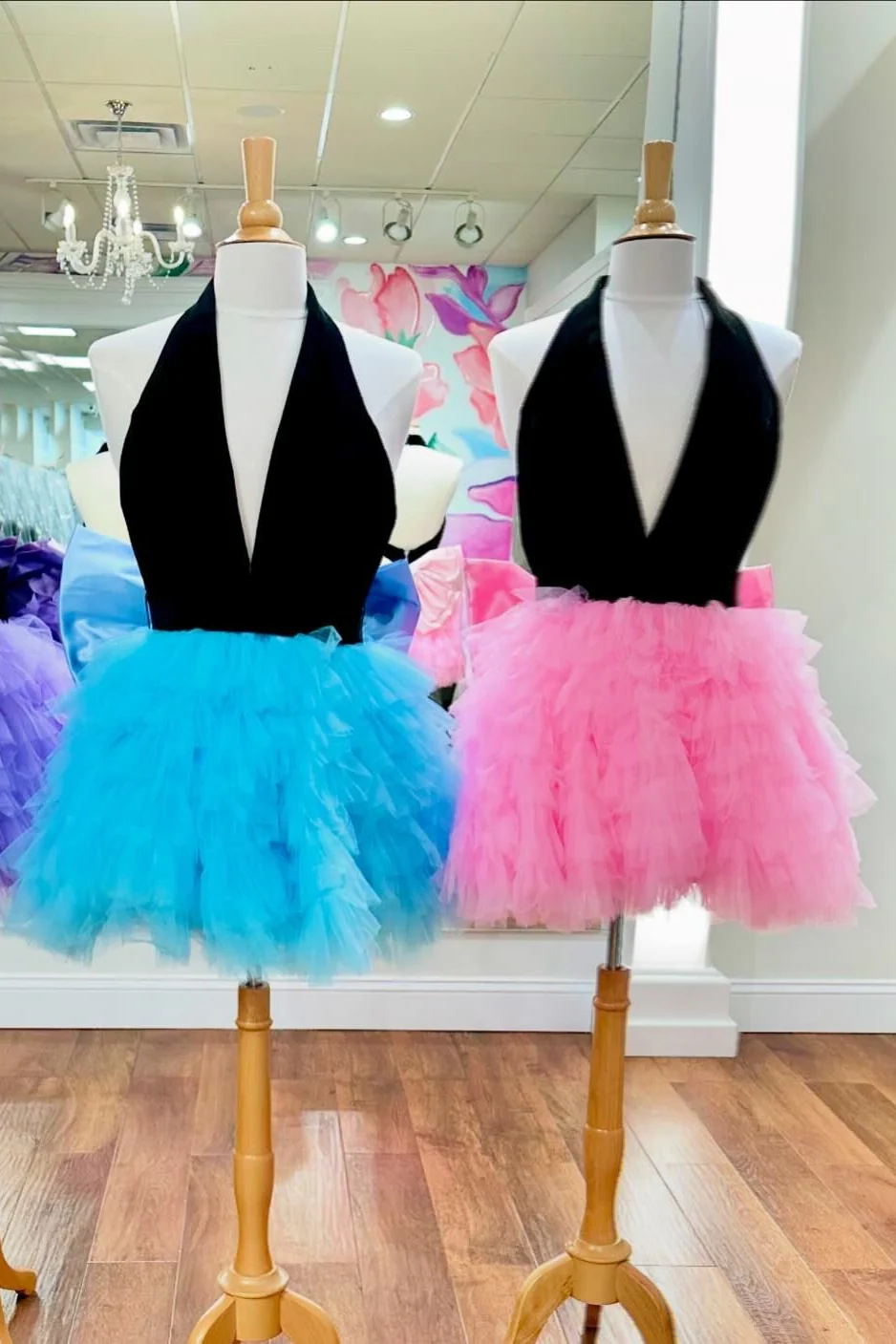 Black and Pink Halter Ruffles Short Dress with Bow - Image 8