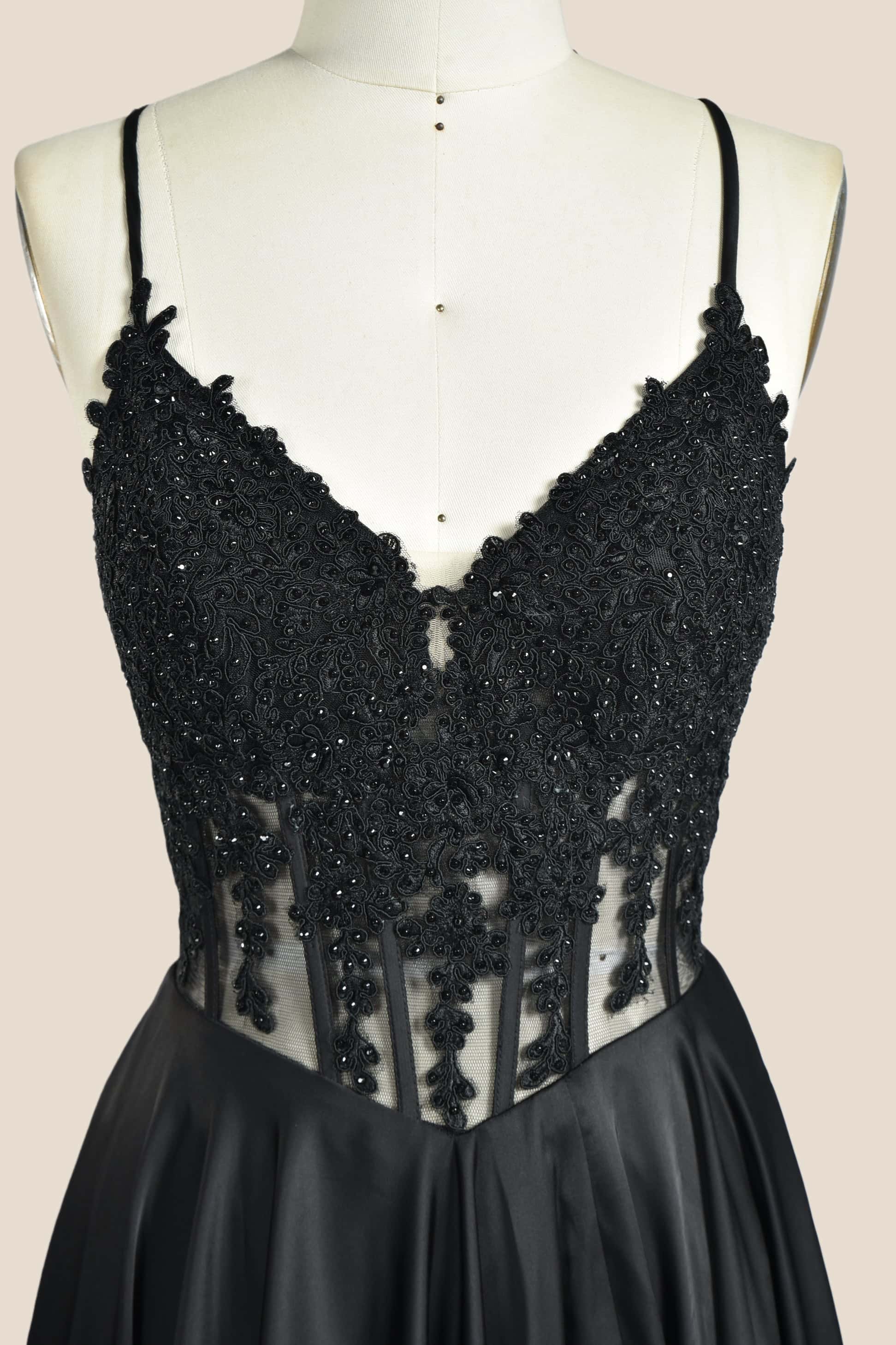 Black Appliques Satin A-line Long Formal Dress - Image 3
