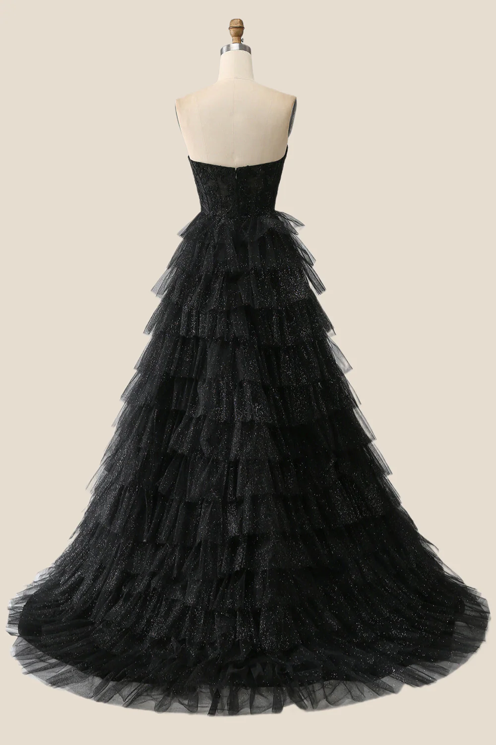 Black Appliques Tulle Tiered Ruffles Long Party Dress - Image 2