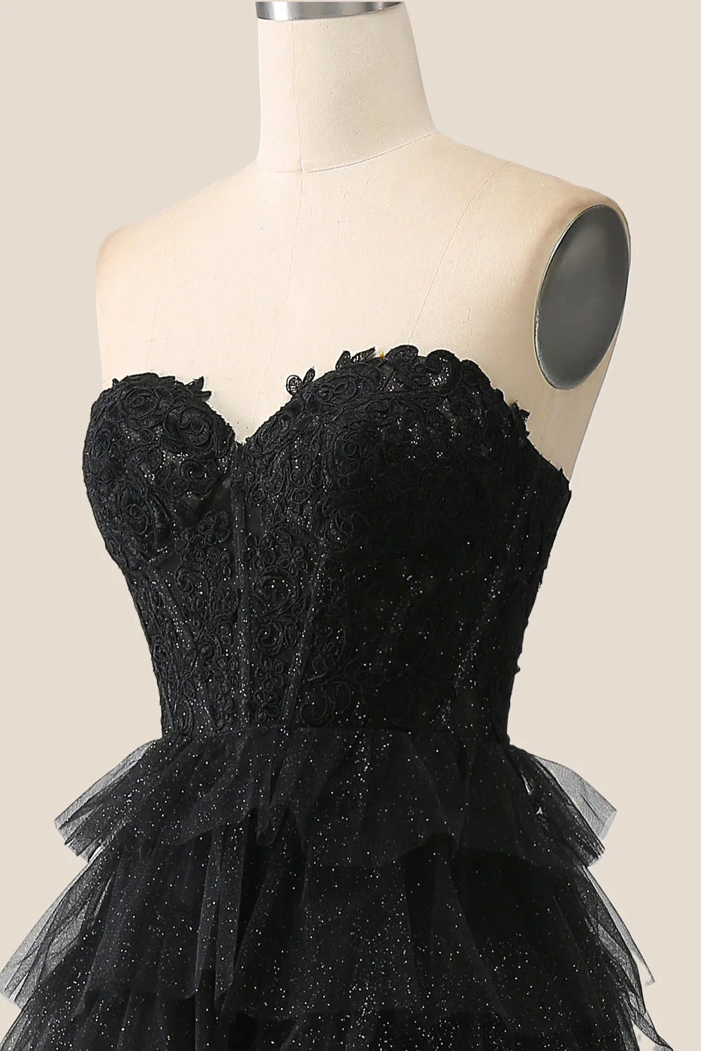 Black Appliques Tulle Tiered Ruffles Long Party Dress - Image 4