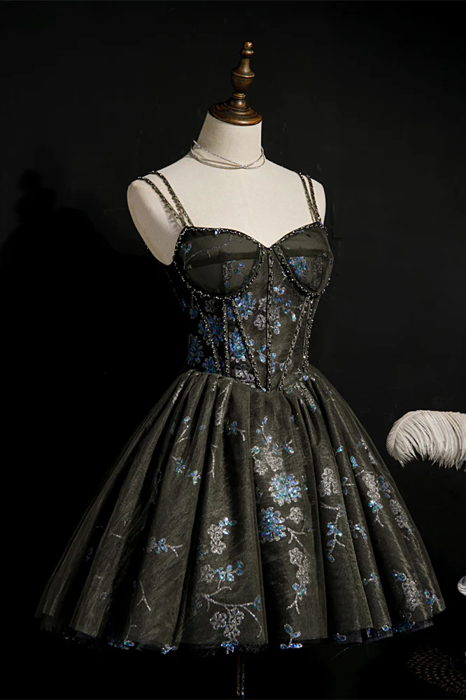 Black Corset Blue Flower Sequin Party Dress - Image 2