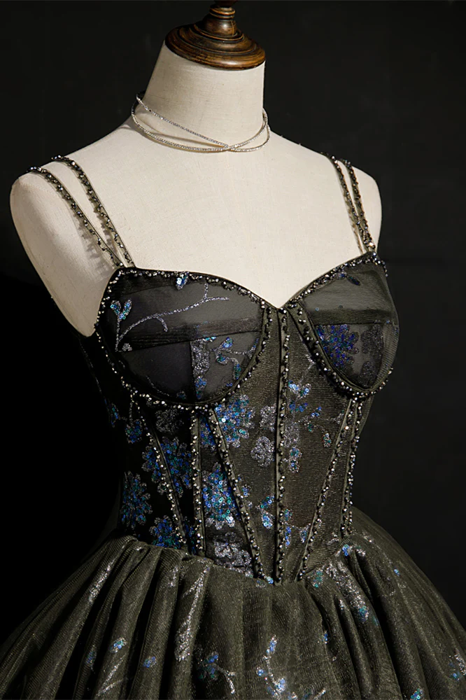 Black Corset Blue Flower Sequin Party Dress - Image 3