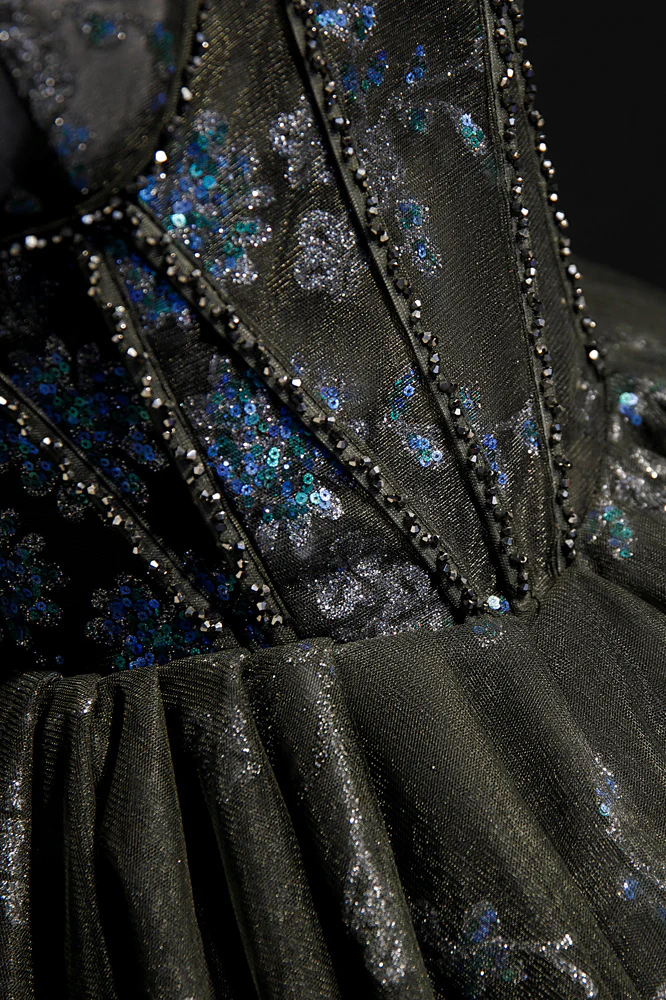 Black Corset Blue Flower Sequin Party Dress - Image 4