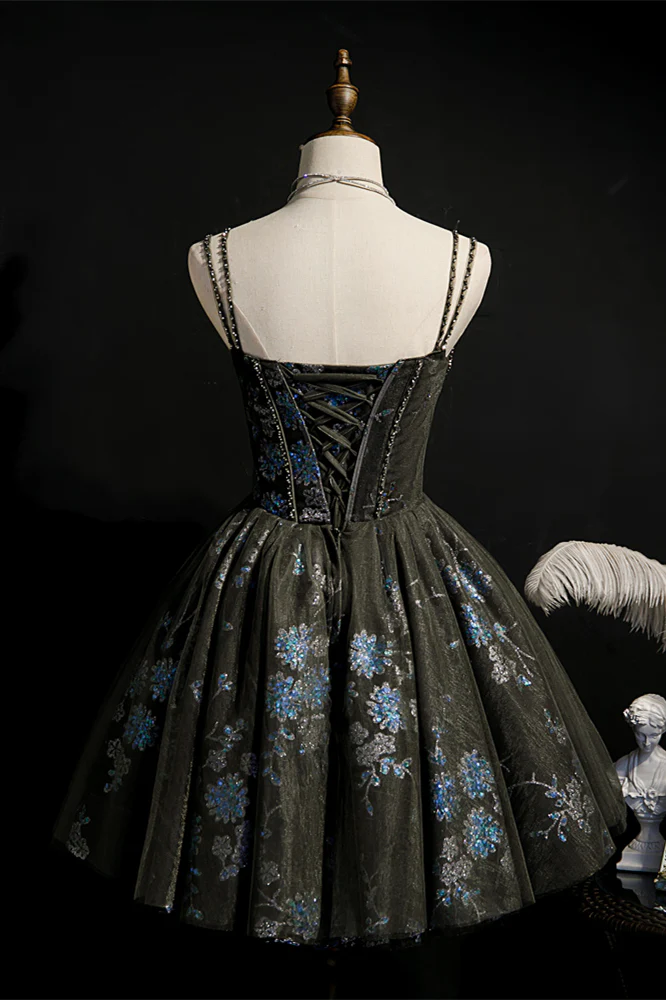 Black Corset Blue Flower Sequin Party Dress - Image 5