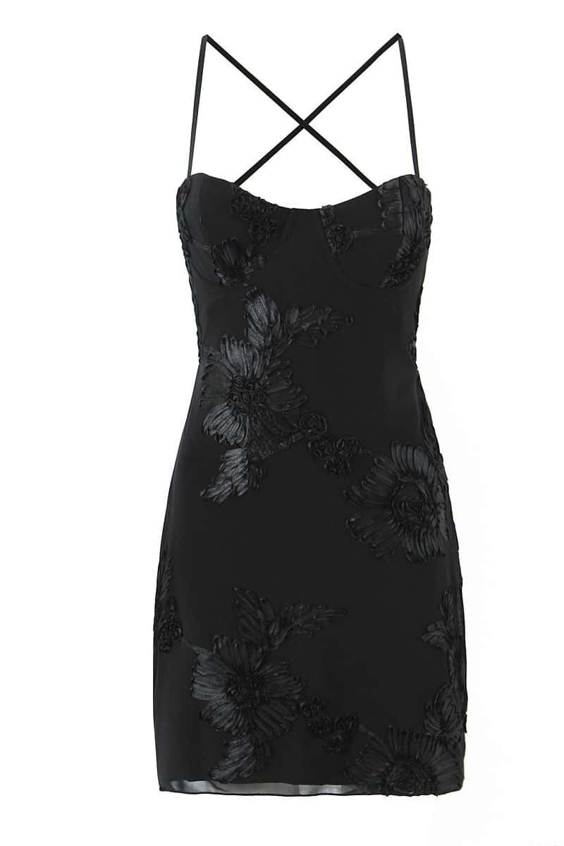Yellow Floral Appliques Tight Short Dress - Image 3